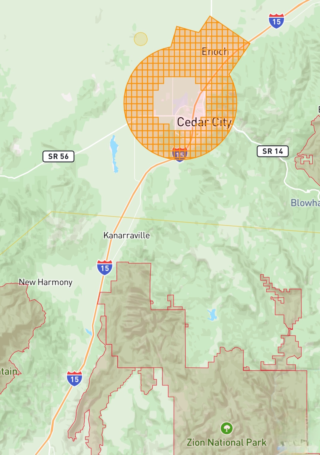 Cedar City controlled airspace map showing the LAANC authorization grid over the city