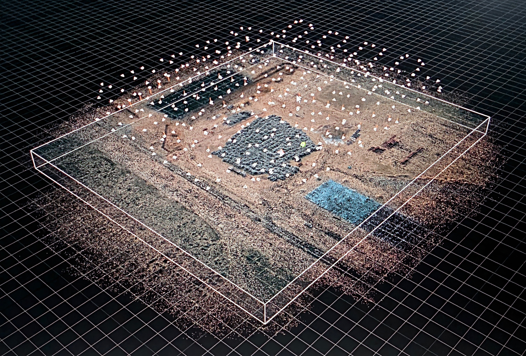 3D point cloud model of a construction site generated from drone mapping, with camera positions visible above the site