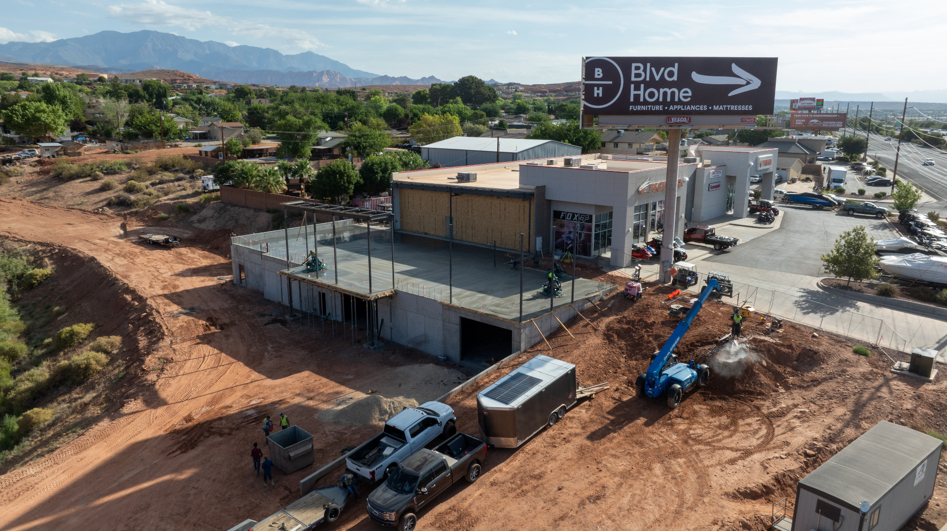 Aerial drone photo of the Factory Power Sports expansion under construction in St. George, Utah