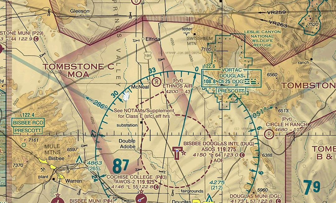 FAA sectional chart excerpt showing Class E airspace boundaries, MOA, and airport symbols